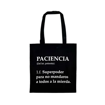 Tote bag negra sobre fondo blanco con definición tipo diccionario de la palabra "Paciencia" impresa en blanco - Happyideas