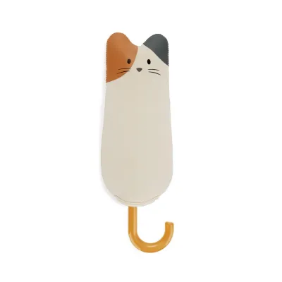 Paraguas cerrado con funda con forma de cabeza de gato calicó (blanco, naranja y negro), sobre fondo blanco - Happyideas