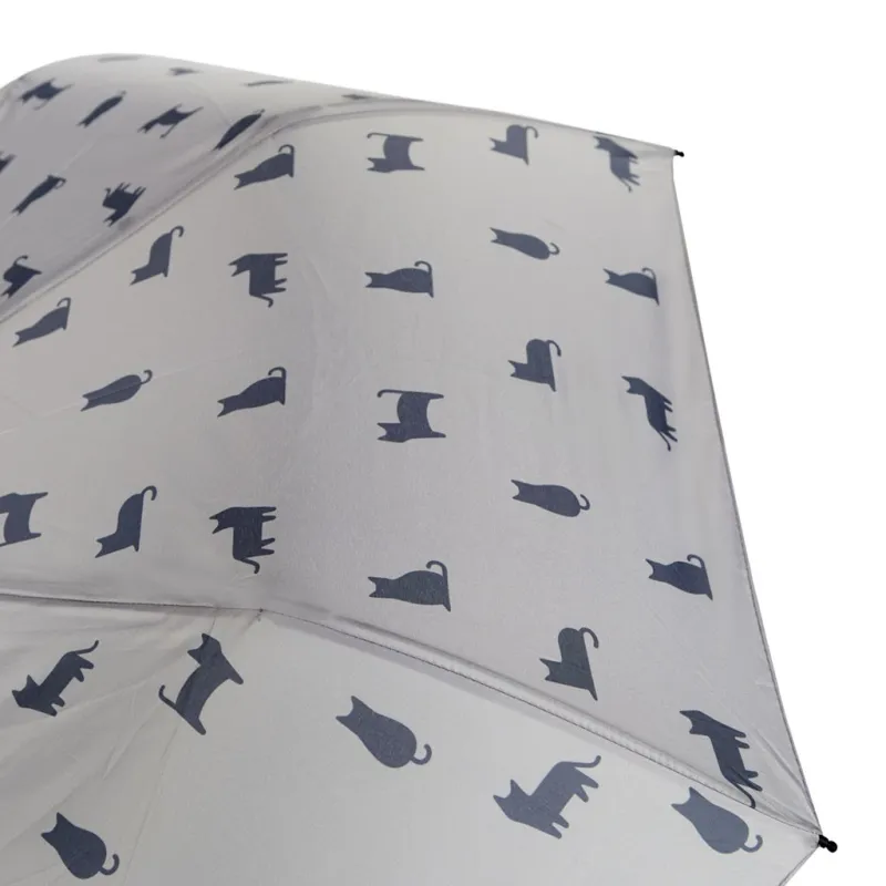 Primer plano de la tela del paraguas Meow en gris, mostrando el estampado repetido de siluetas de gatos negros - Happyideas