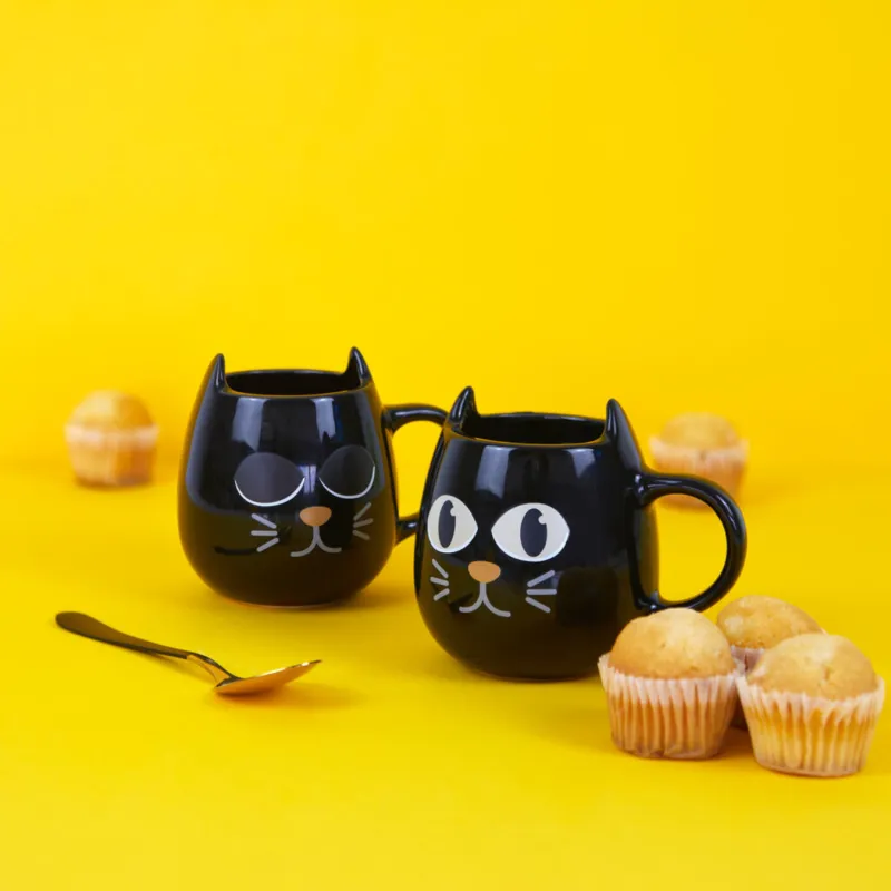 Wake Cat Coffee Mugs Set x2 – Black - Happyideas.com