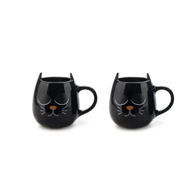 Wake Cat Coffee Mugs Set x2 – Black - Happyideas.com