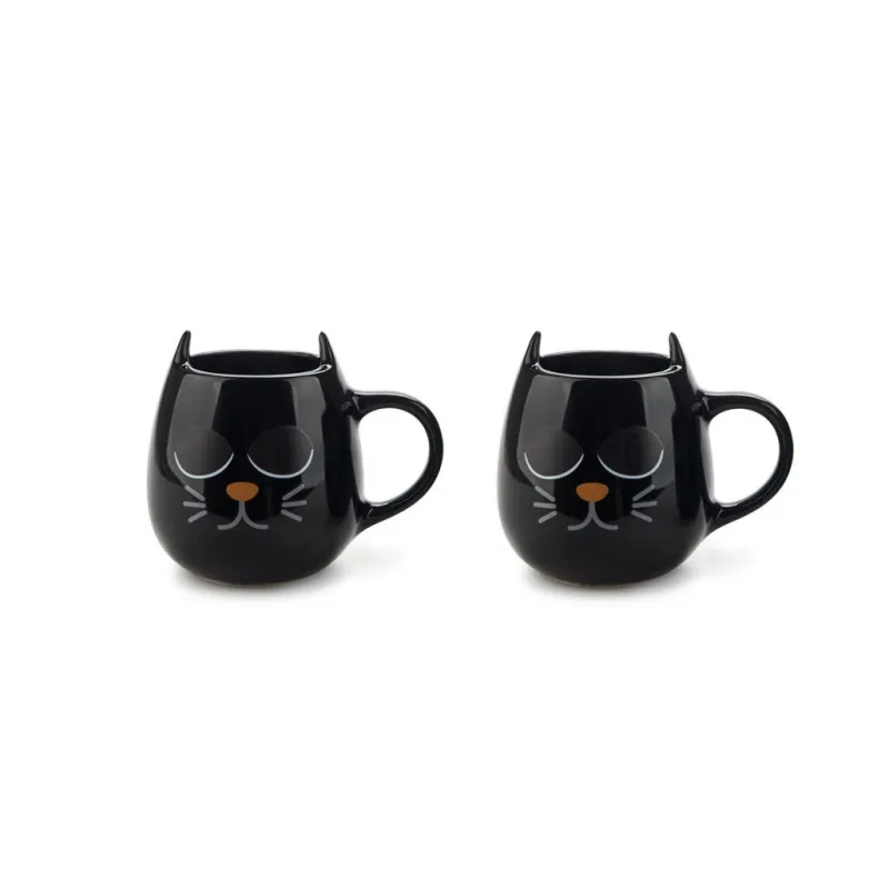 Wake Cat Coffee Mugs Set x2 – Black - Happyideas.com