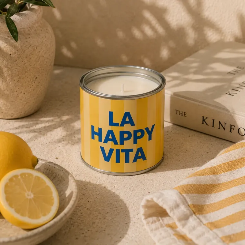 Vela en lata La Happy Vita sobre una mesa con limones