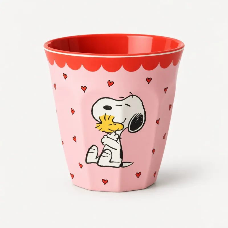 Vaso Snoopy y Woodstock rosa de melamina | Happyideas