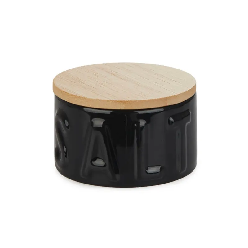 Black Ceramic Salt Pot with Bamboo Lid | Happyideas