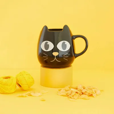 Taza gato termosensible con ojos abiertos sobre fondo amarillo - regalo original divertido Happyideas