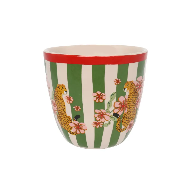 Taza Letra D, vista trasera con rayas verdes y blancas y estampado floral, sobre fondo gris - Happyideas