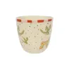 Taza Letra O, vista trasera de cerámica crema con borde rojo y estampado de conejos verdes, sobre fondo blanco - Happyideas