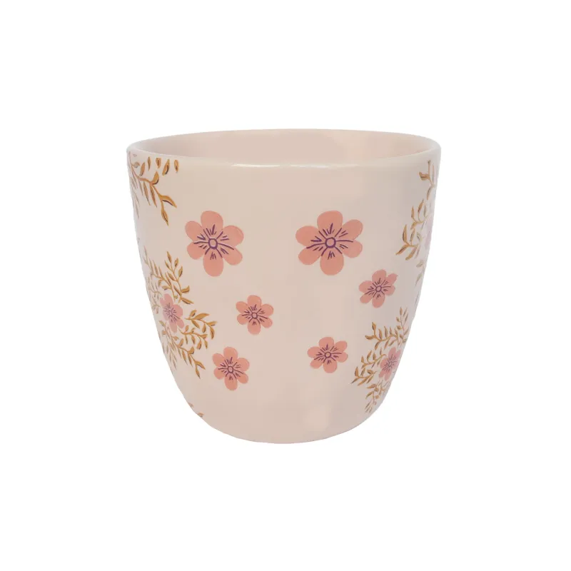 Taza Letra R, vista trasera de cerámica color crema con pequeño estampado floral rosa, sobre fondo blanco - Happyideas
