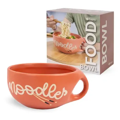 Bowl comida "Noodles" vacío de cerámica color terracota con asa lateral, junto a su caja de embalaje "Food Bowl" - Happyideas