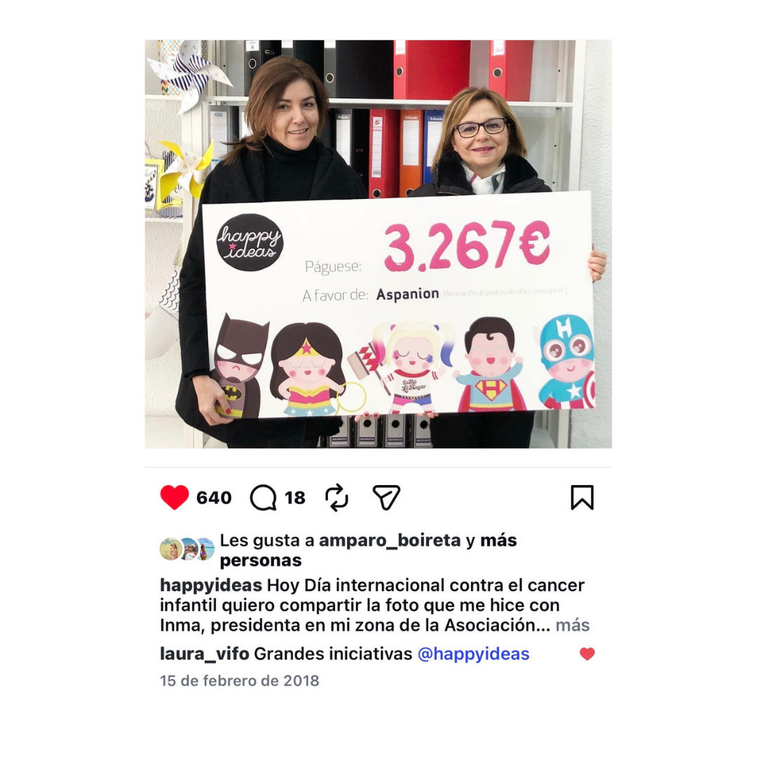 Entrega de un cheque de 3.267 euros de Happyideas a Aspanion, Asociación de Padres de Niños con Cáncer