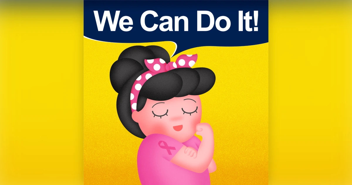 Ilustración Rosie «We Can Do It» de Happyideas con lazo rosa, imagen de sus campañas contra el cáncer