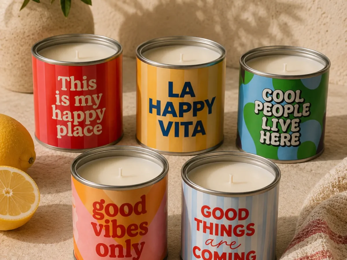 Las cinco Happy Velas de Happyideas sobre tela beige con limones, ejemplo de producto propio de la marca