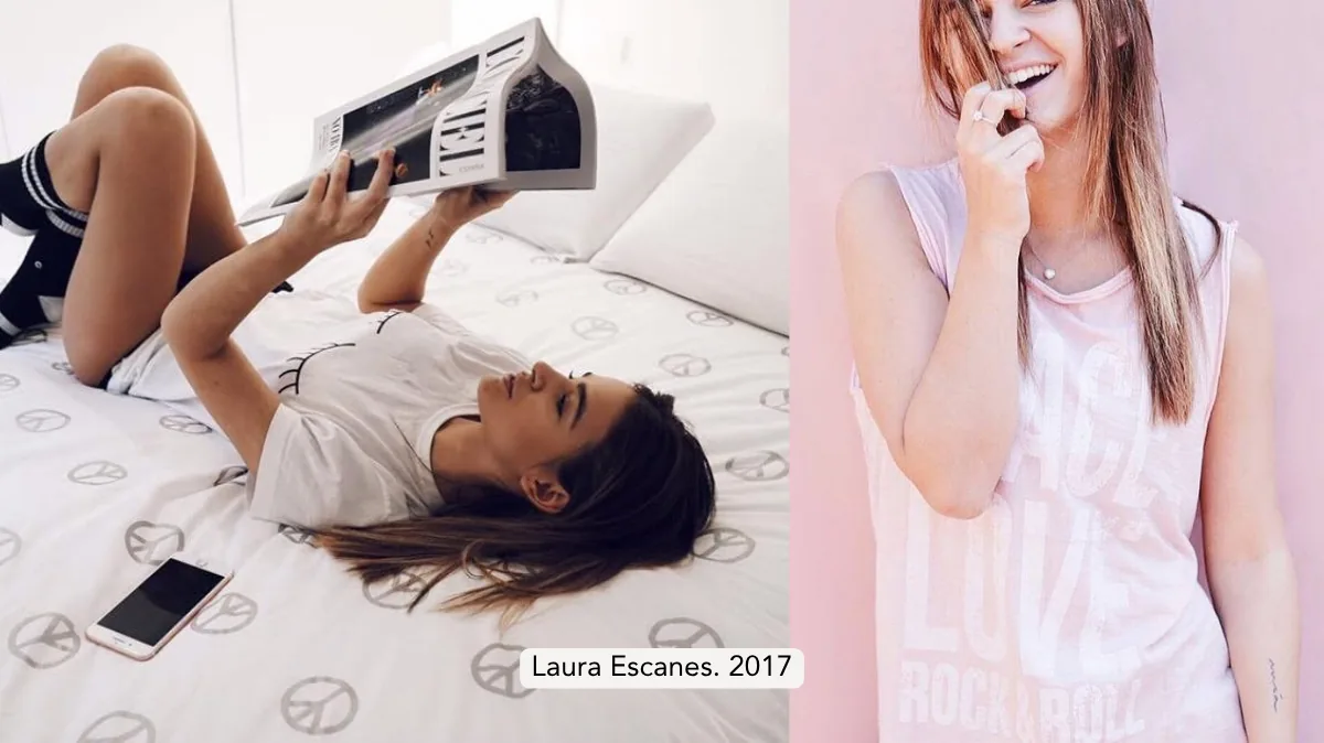 Laura Escanes con textil y camiseta de Happyideas en 2017