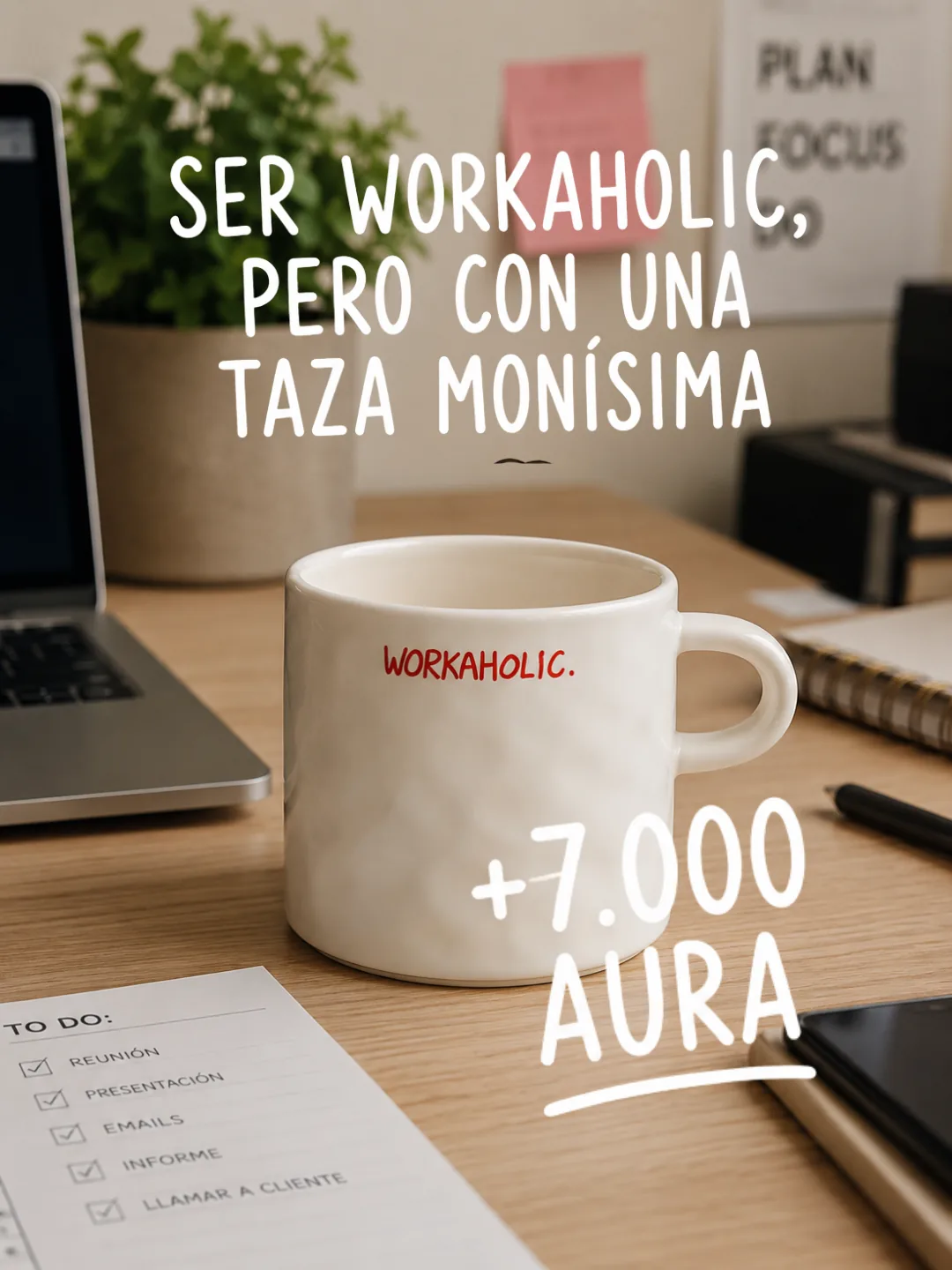 Taza Workaholic de Happyideas sobre un escritorio con portátil y lista de tareas