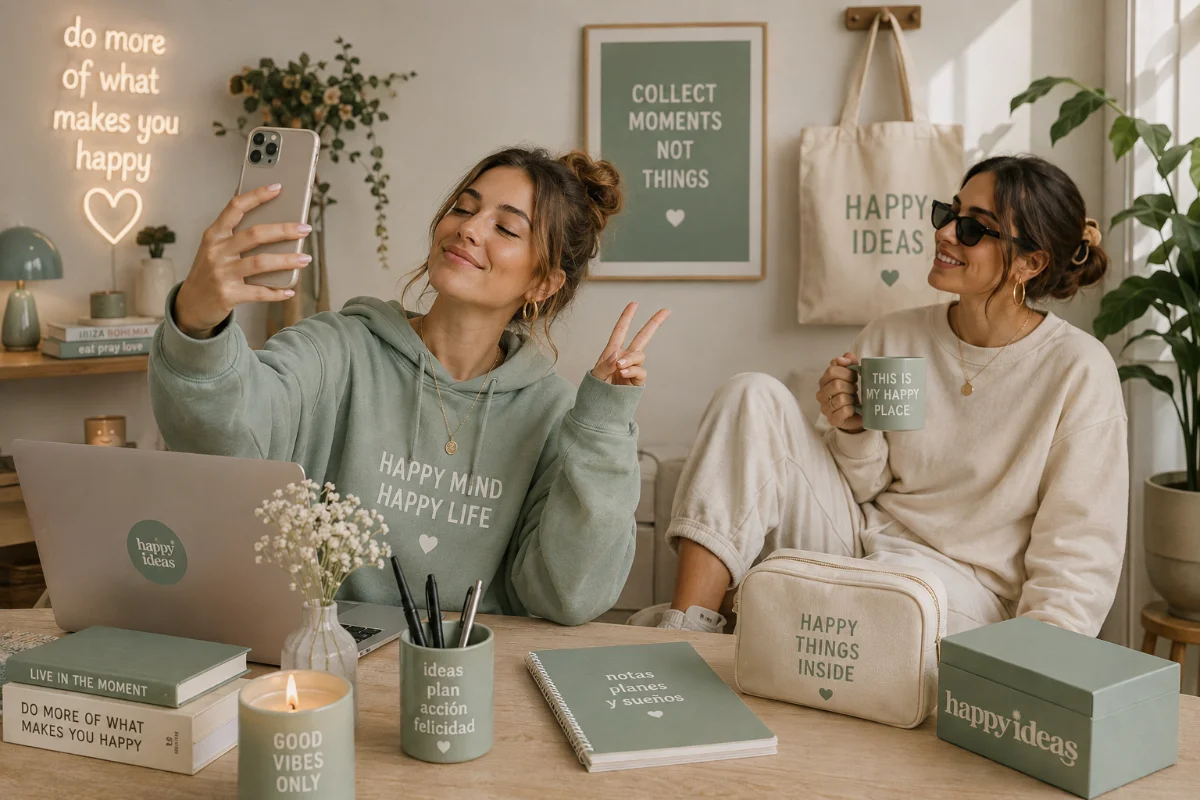 Dos creadoras de contenido grabando en un escritorio con productos de Happyideas