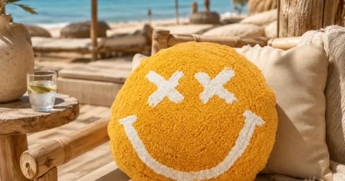 Cojín sonriente amarillo en un rincón de descanso, regalos relajantes para una amiga