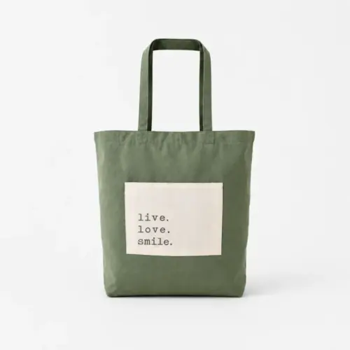 Tote bag Live Verde de algodón con bolsillo y el mensaje live love smile, regalo unisex para el amigo invisible