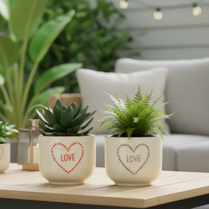 Dos mini macetas de terracota con corazones y la palabra love