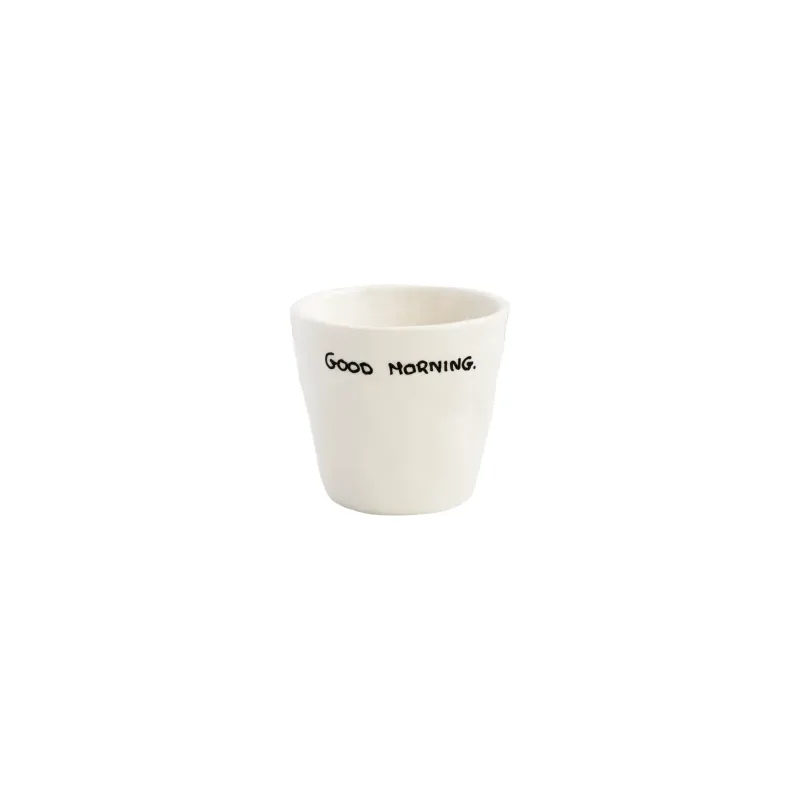 Taza de espresso artesanal en color crema con el mensaje Good Morning
