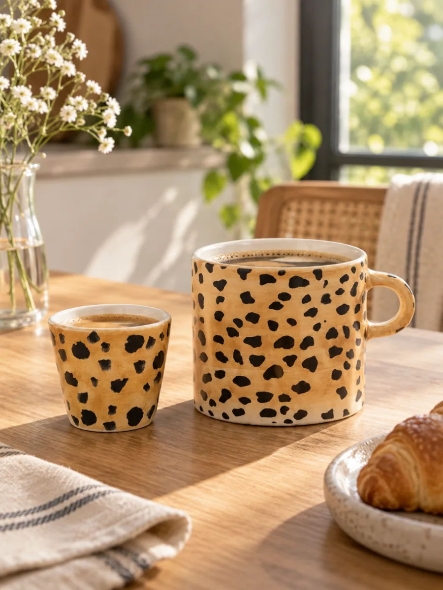 Taza grande y taza espresso con estampado leopardo sobre una mesa