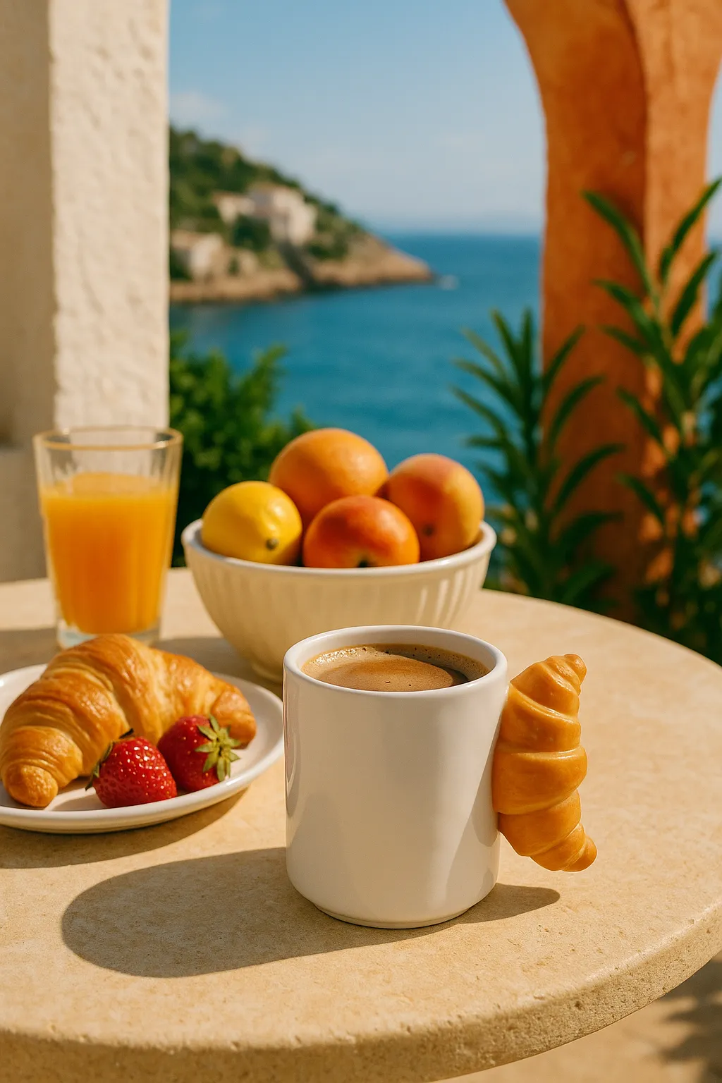 Croissant-handle mug at a seaside breakfast